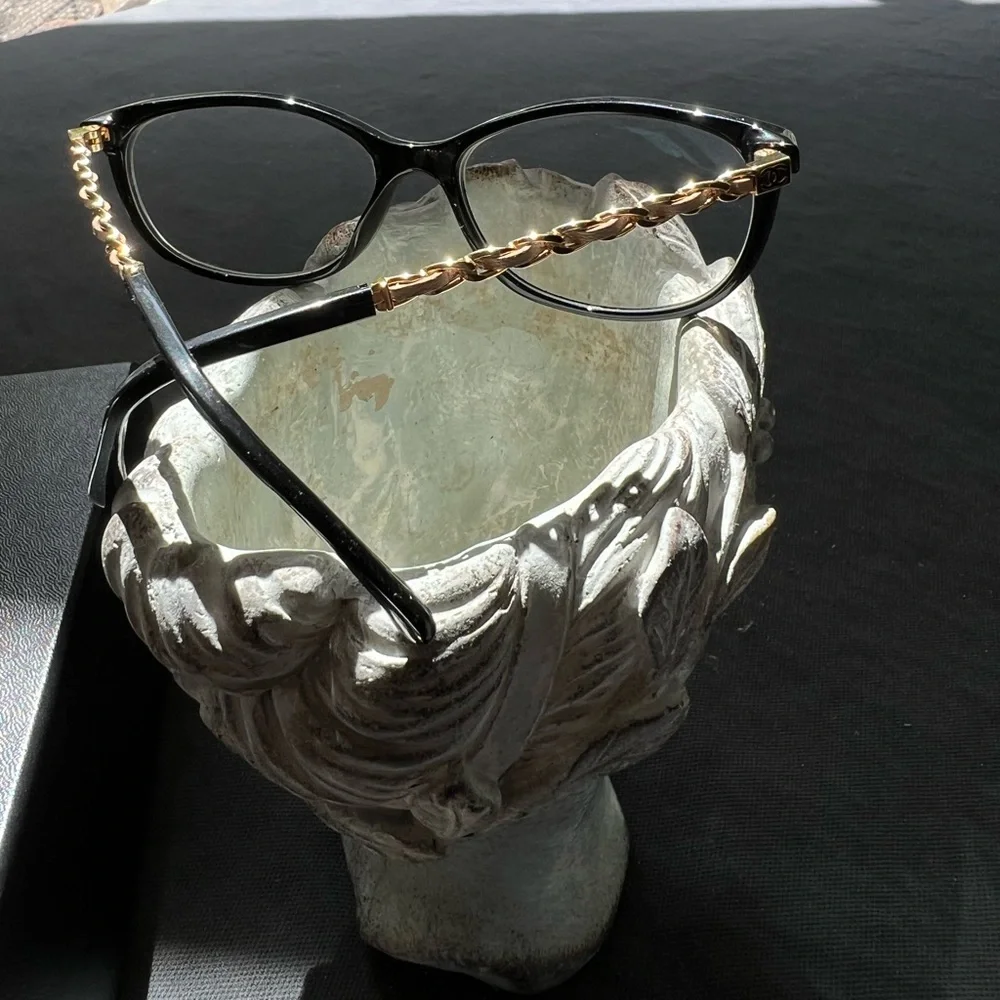 CHANEL 3221-Q Beige Leather Glasses Frames Chain Link EUC Italy Emma Watson